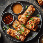 Air Fryer Spicy Vegan Spring Rolls served with dipping sauces, scallions, and sesame seed garnish.