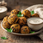 Hero image of crispy Air Fryer Lentil Balls served with dipping sauce and herbs on a ceramic plate