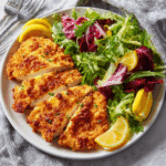 Crispy golden air fryer chicken cutlets served with salad and lemon slices on a white plate.