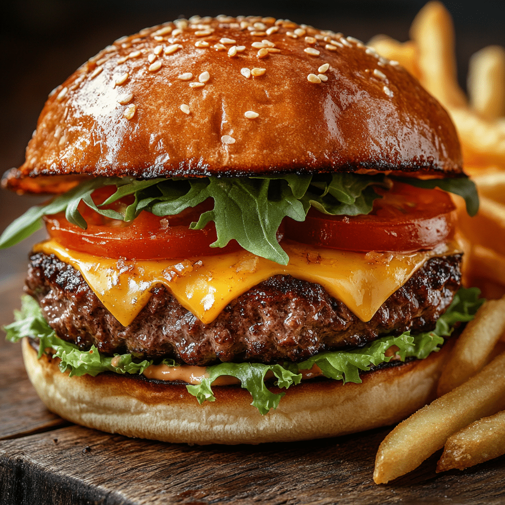 Juicy air fryer beef burger with cheese and fresh toppings on a toasted bun served with fries