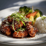 Plated Air Fryer Honey Garlic Chicken with sesame garnishes and rice.