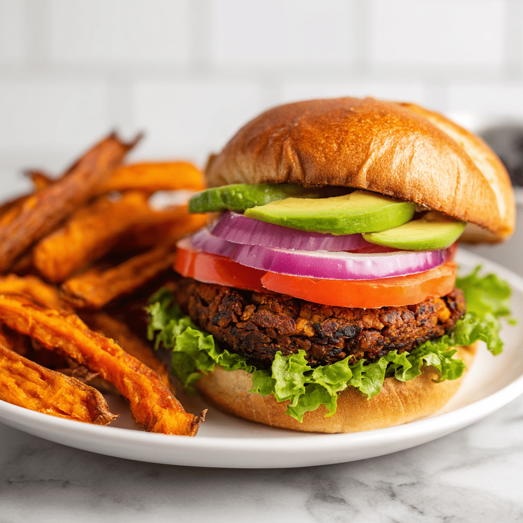 “Plated Air Fryer Baked Black Bean Burgers served with fresh toppings and sweet potato fries”