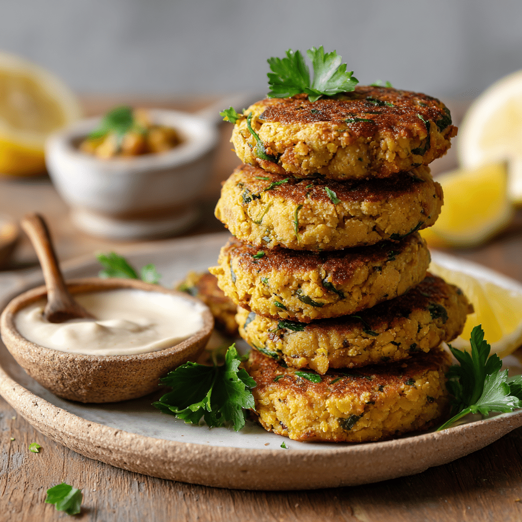 Crispy Air Fryer Herbed Chickpea Patties served with tahini sauce, lemon slices, and fresh herbs on a plate.