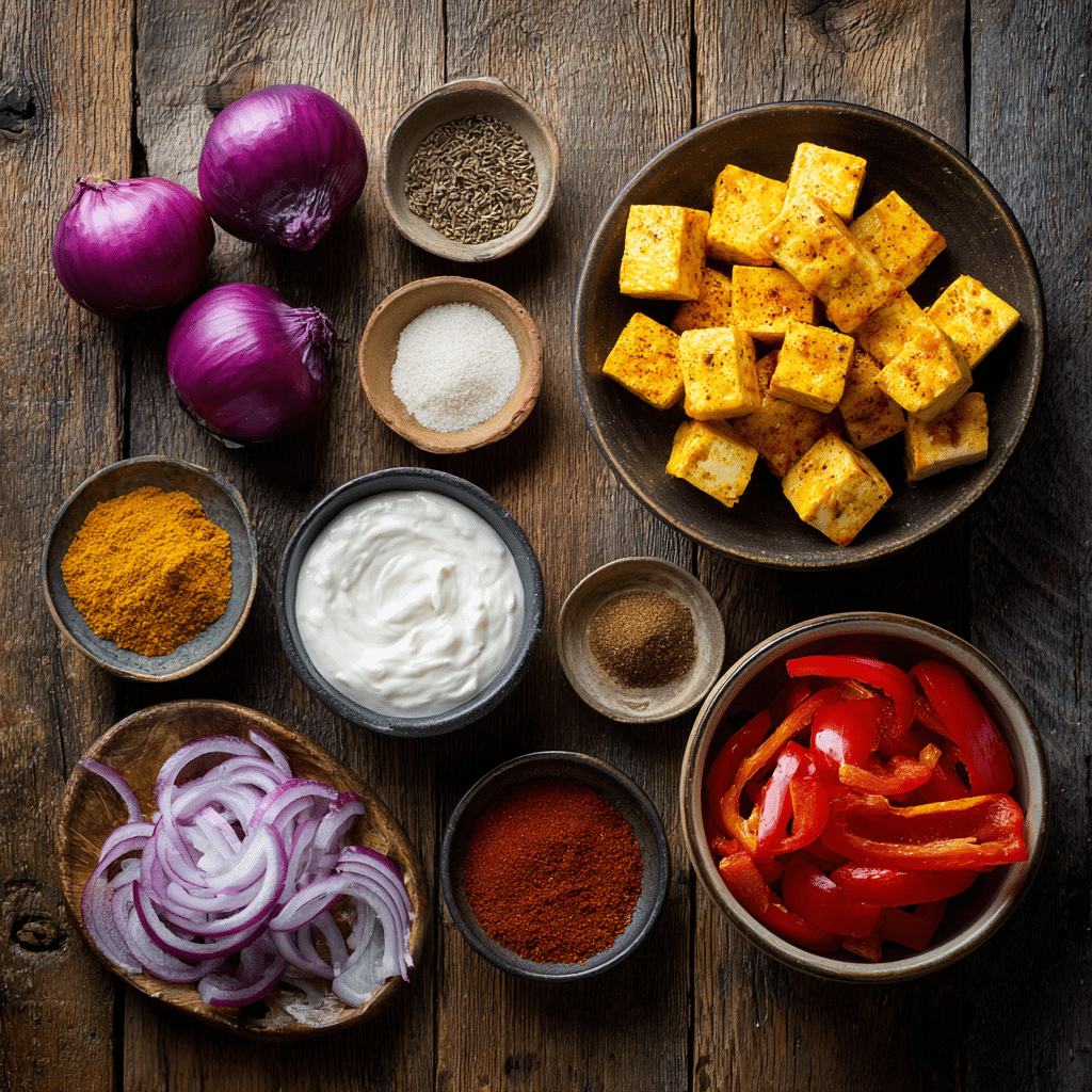 gredients for Air Fryer Mini Paneer Tikka arranged on a kitchen surface: paneer cubes, yogurt, bell peppers, red onions, and Indian spices.”