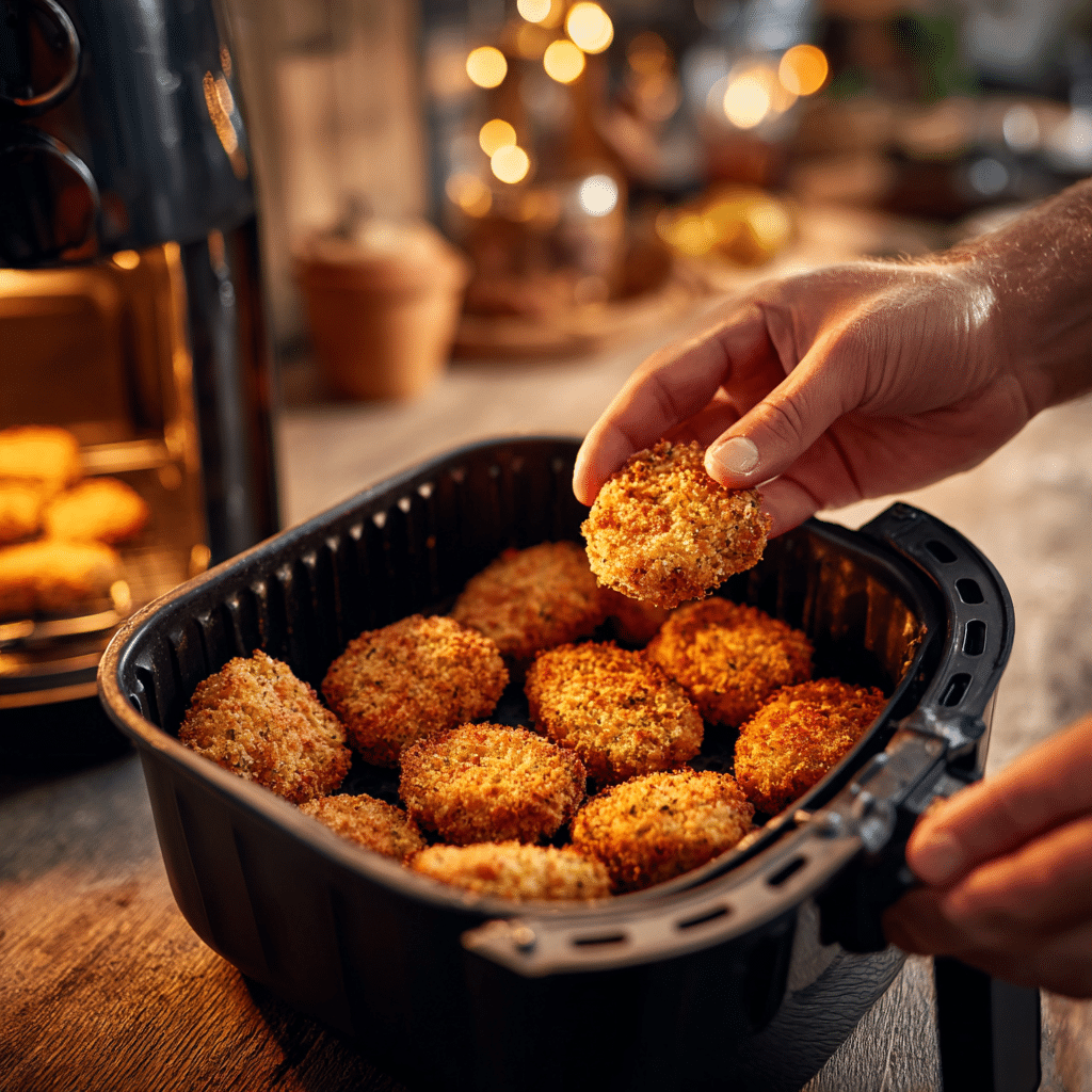 Forming and placing homemade stuffed vegetable nuggets into an air fryer basket”