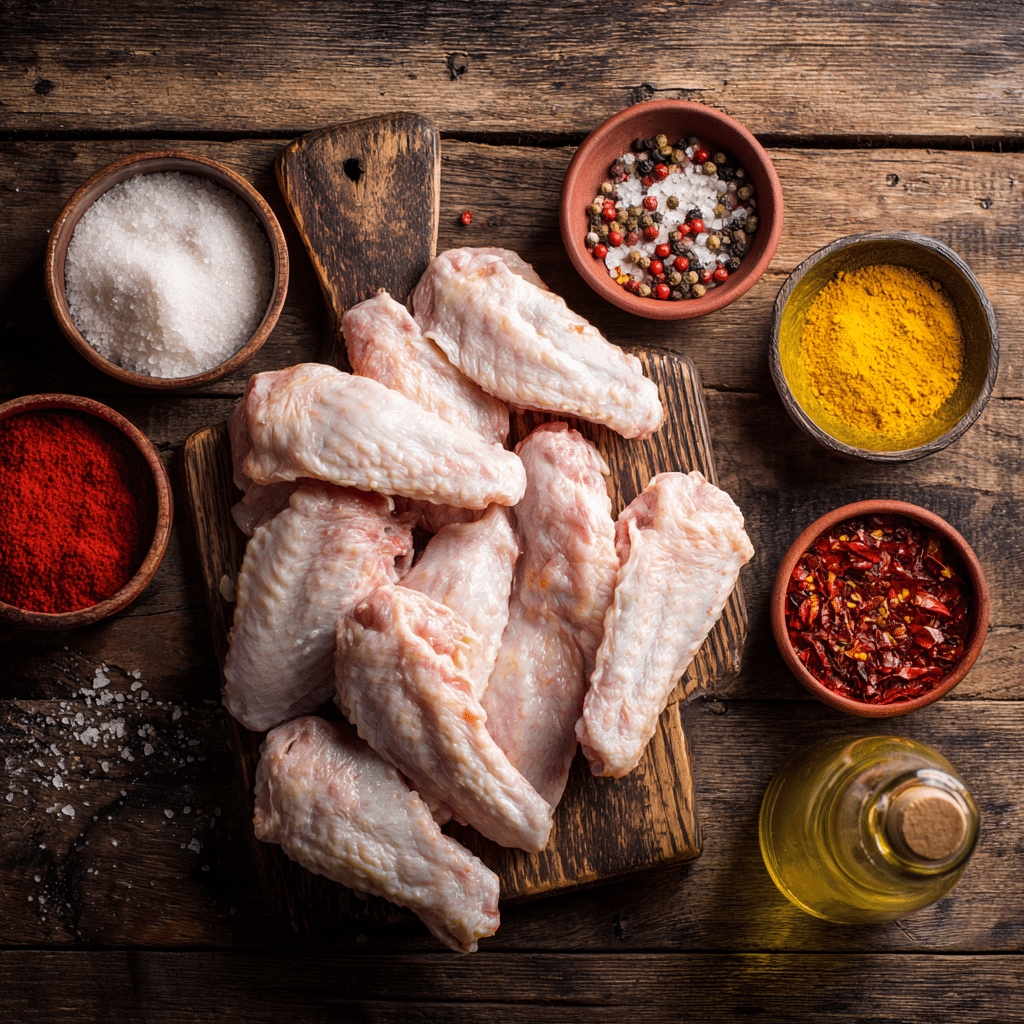 Ingredients for Air Fryer Grilled Chicken Wings including chicken wings, garlic powder, and spices laid out on a wooden board.
