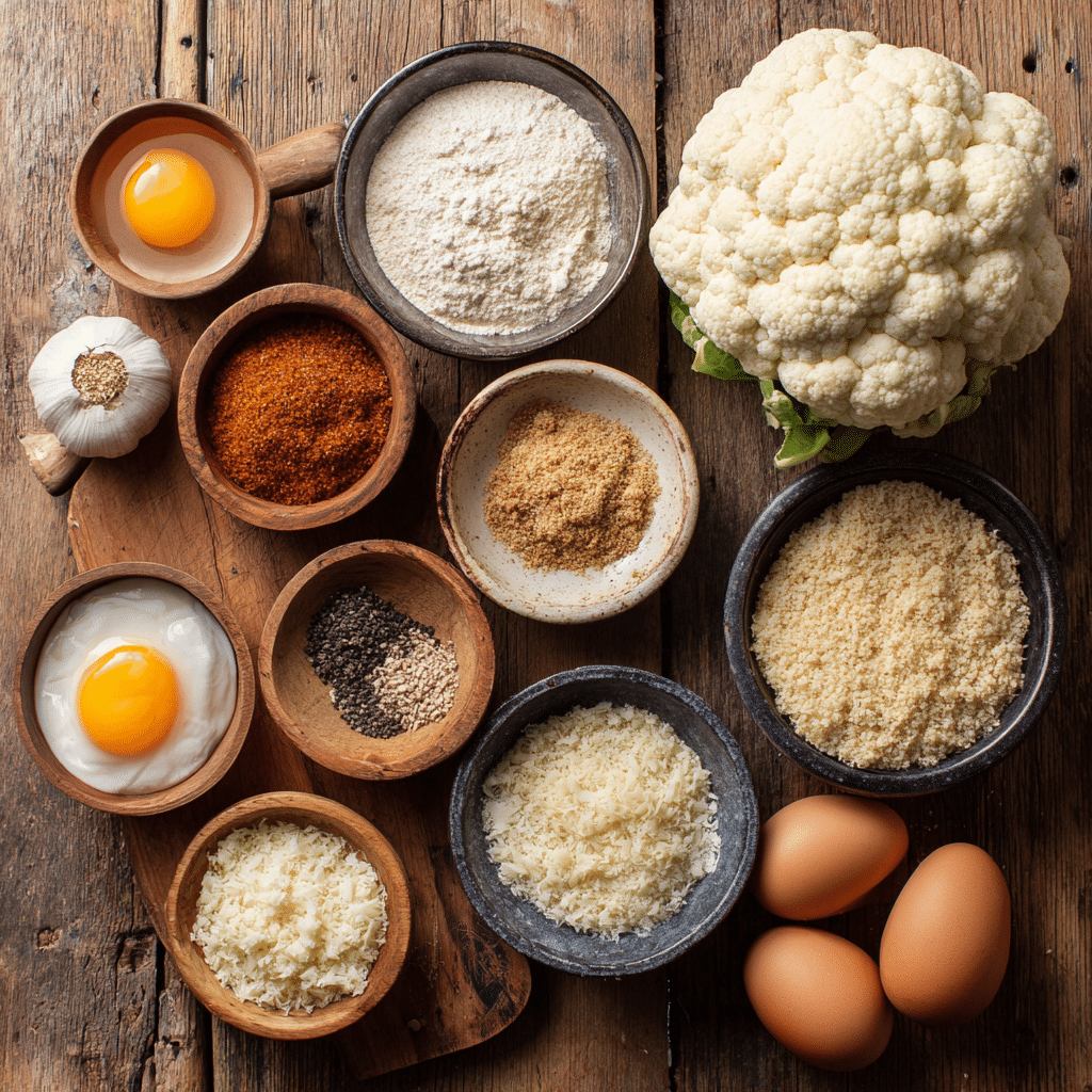 Ingredients for air fryer crispy cauliflower bites including cauliflower, spices, eggs, and breadcrumbs
