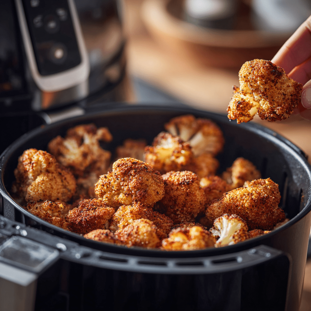 Cauliflower florets being placed into an air fryer basket, ready for cooking
