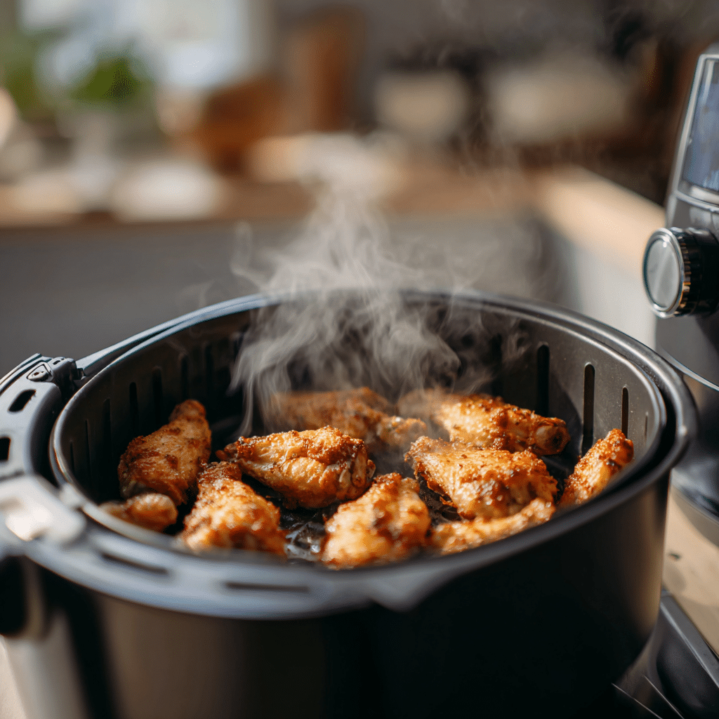 Air Fryer Grilled Chicken Wings cooking in basket, showing crispy edges during cooking process.