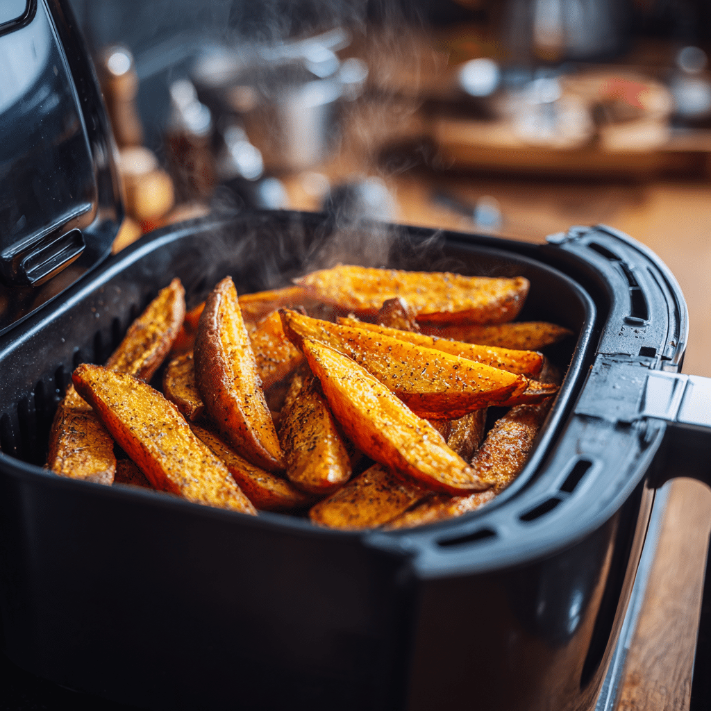 “Crispy sweet potato wedges cooking in an air fryer basket”