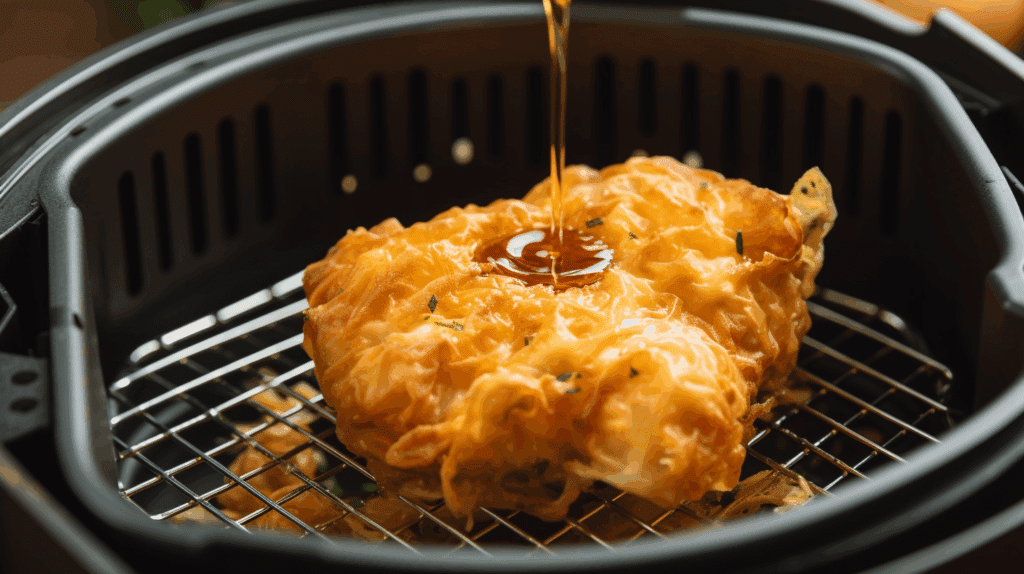 Air Fryer Honey Garlic Chicken cooking in air fryer basket.