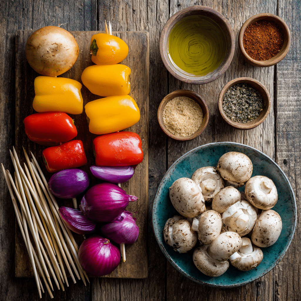 Air Fryer Mushroom Skewers: 7-Min Crunchy Recipe You’ll Crave 7 Ingredients for Air Fryer Mushroom Skewers including mushrooms, peppers, and marinade spices.