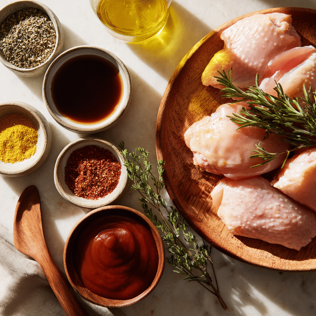 Raw chicken pieces and BBQ sauce ingredients laid out for Air Fryer Baked BBQ Chicken