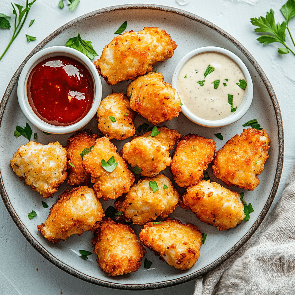 Plated Air Fryer Mini Chicken Nuggets with dipping sauces and herbs for serving