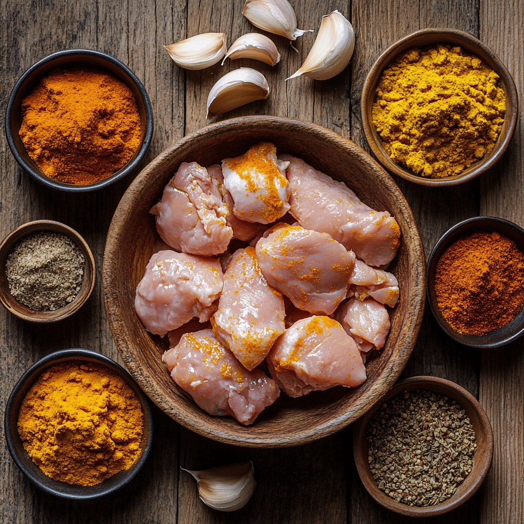 Air Fryer Grilled Chicken Tikka ingredients including yogurt, spices, and raw chicken in a bowl