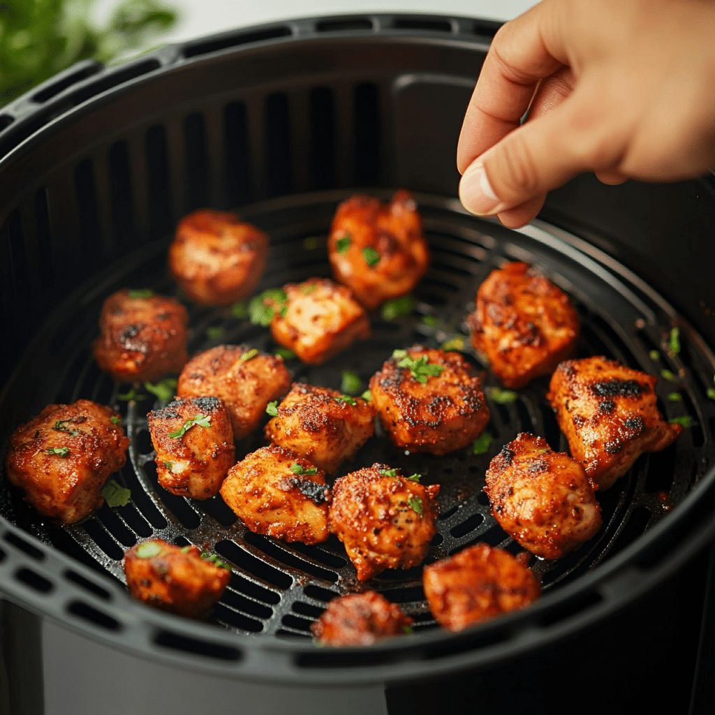 Placing marinated chicken tikka into air fryer basket for grilling