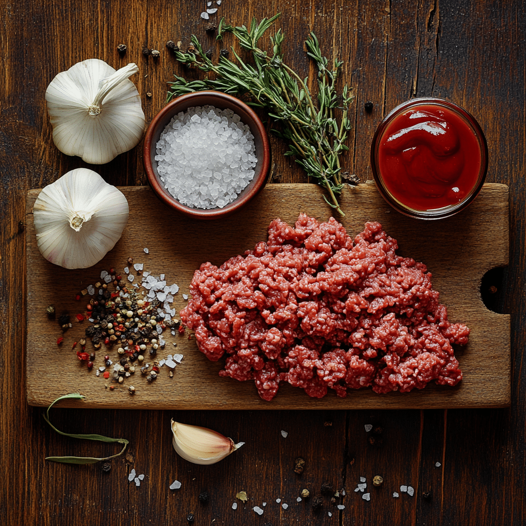 Ingredients for air fryer beef burgers including ground beef, spices, and barbecue sauce