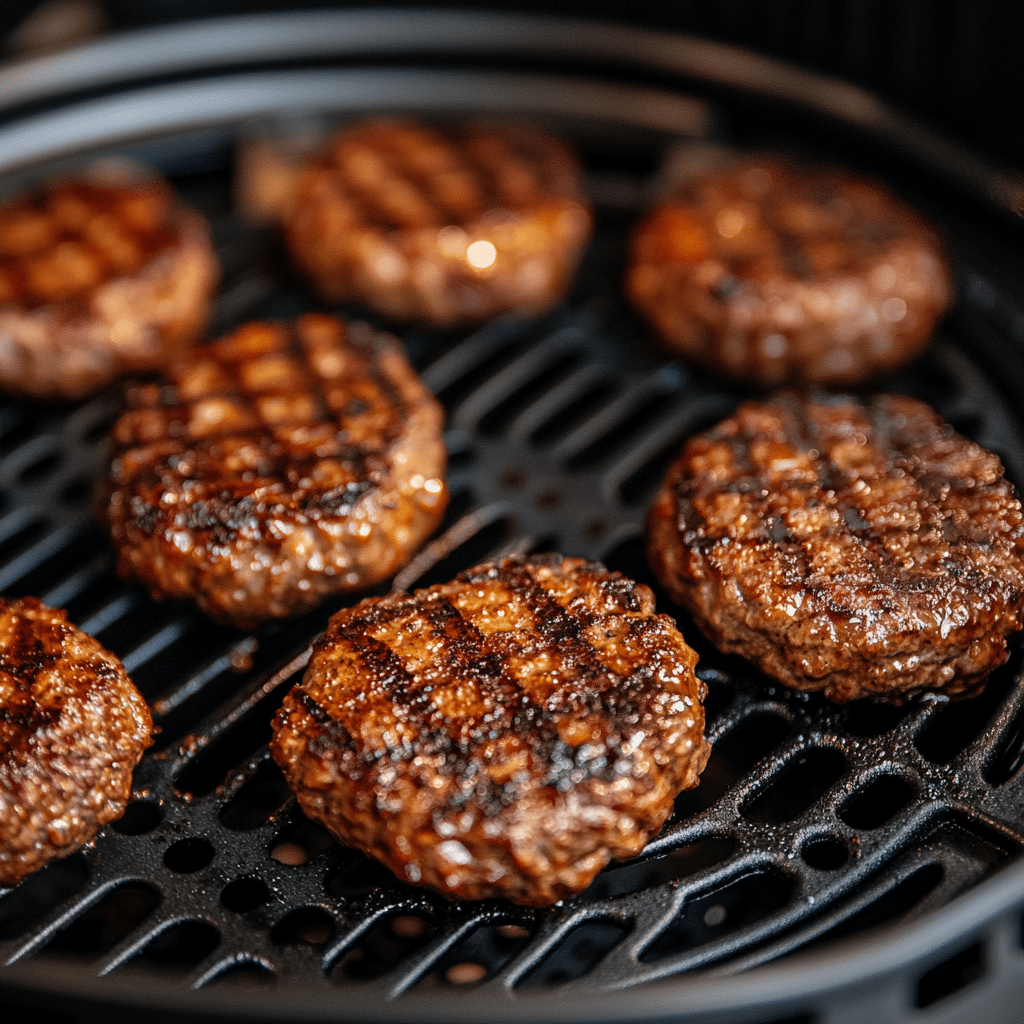 Beef burger patties cooking in an air fryer basket at 350°F