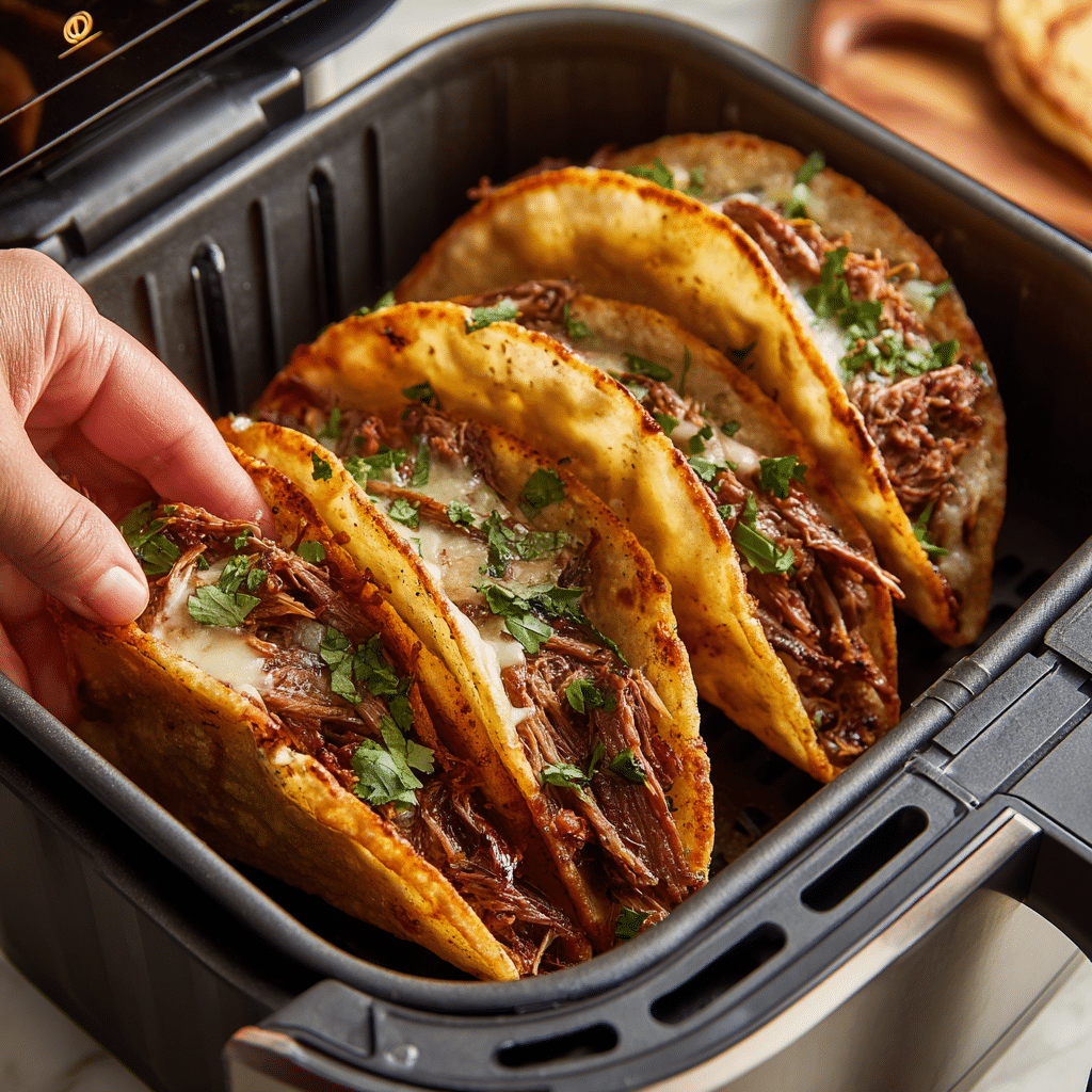 Birria tacos being placed into an air fryer for crisping.
