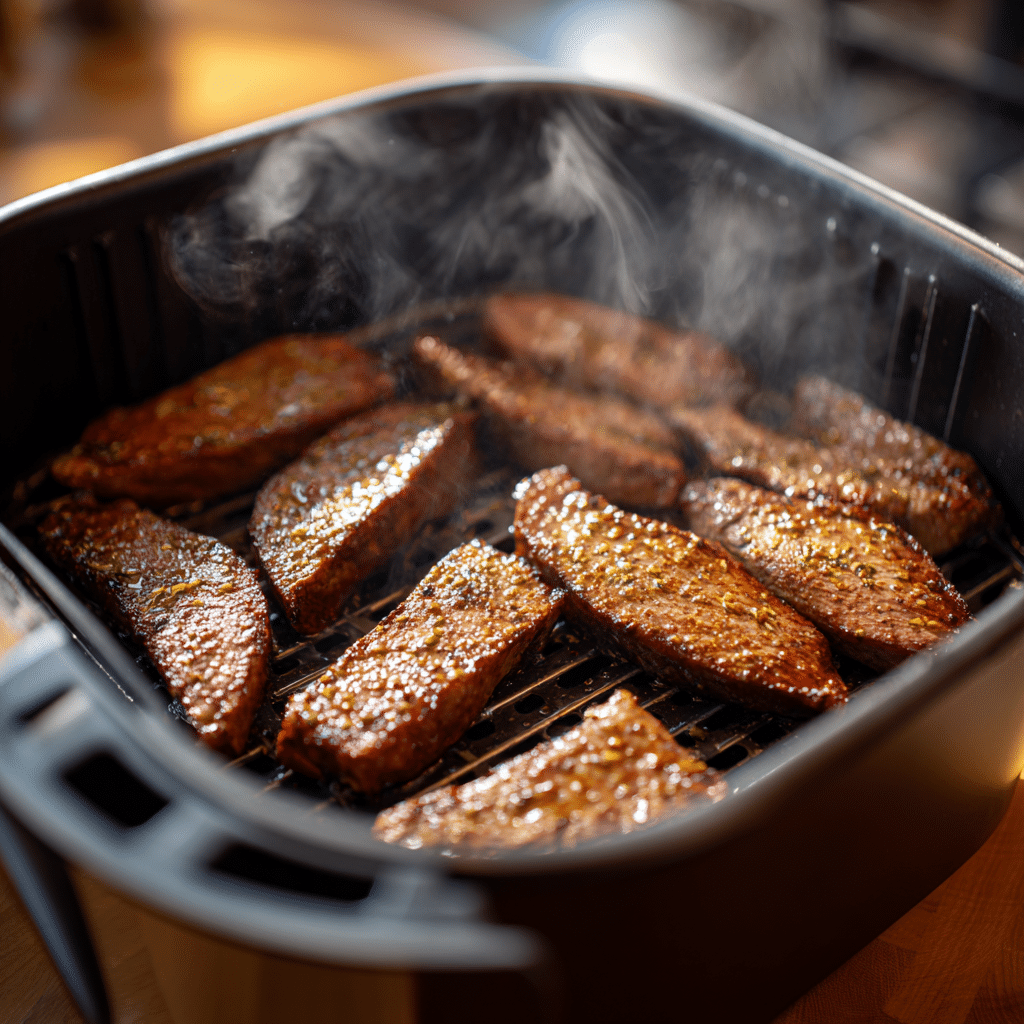 Crispy beef liver slices cooking in an air fryer basket during preparation