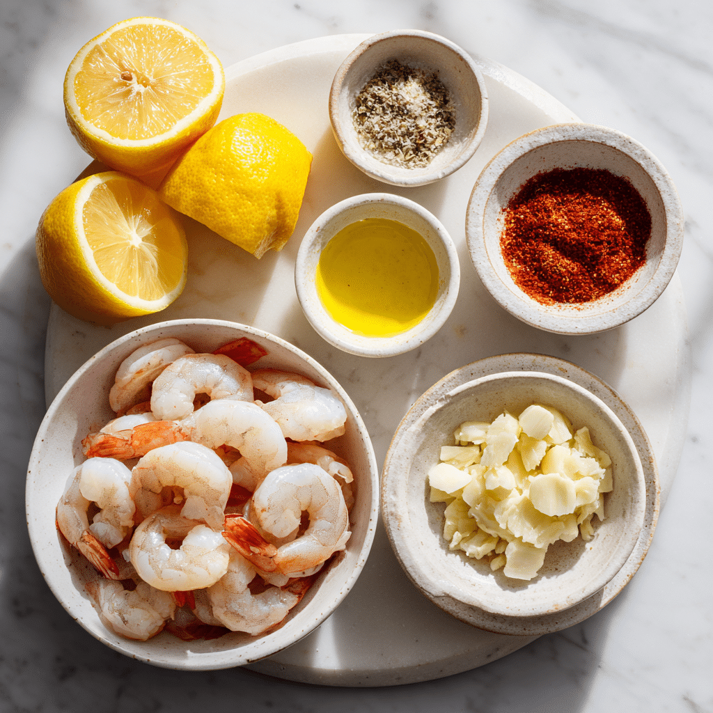 A bright, top-down flat lay of all ingredients in small prep bowls next to raw prawns.