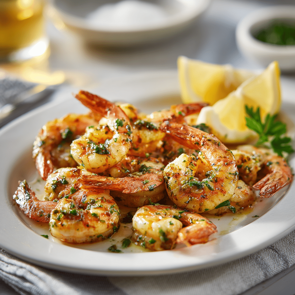 Plated air fryer garlic prawns garnished with lemon and parsley, ready to serve.