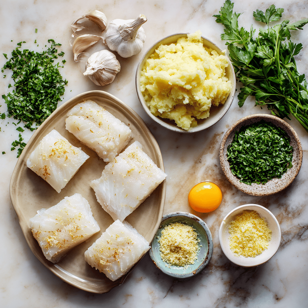 Ingredients for Air Fryer Golden Fish Cakes laid out on a marble countertop with fresh herbs and cod fillets