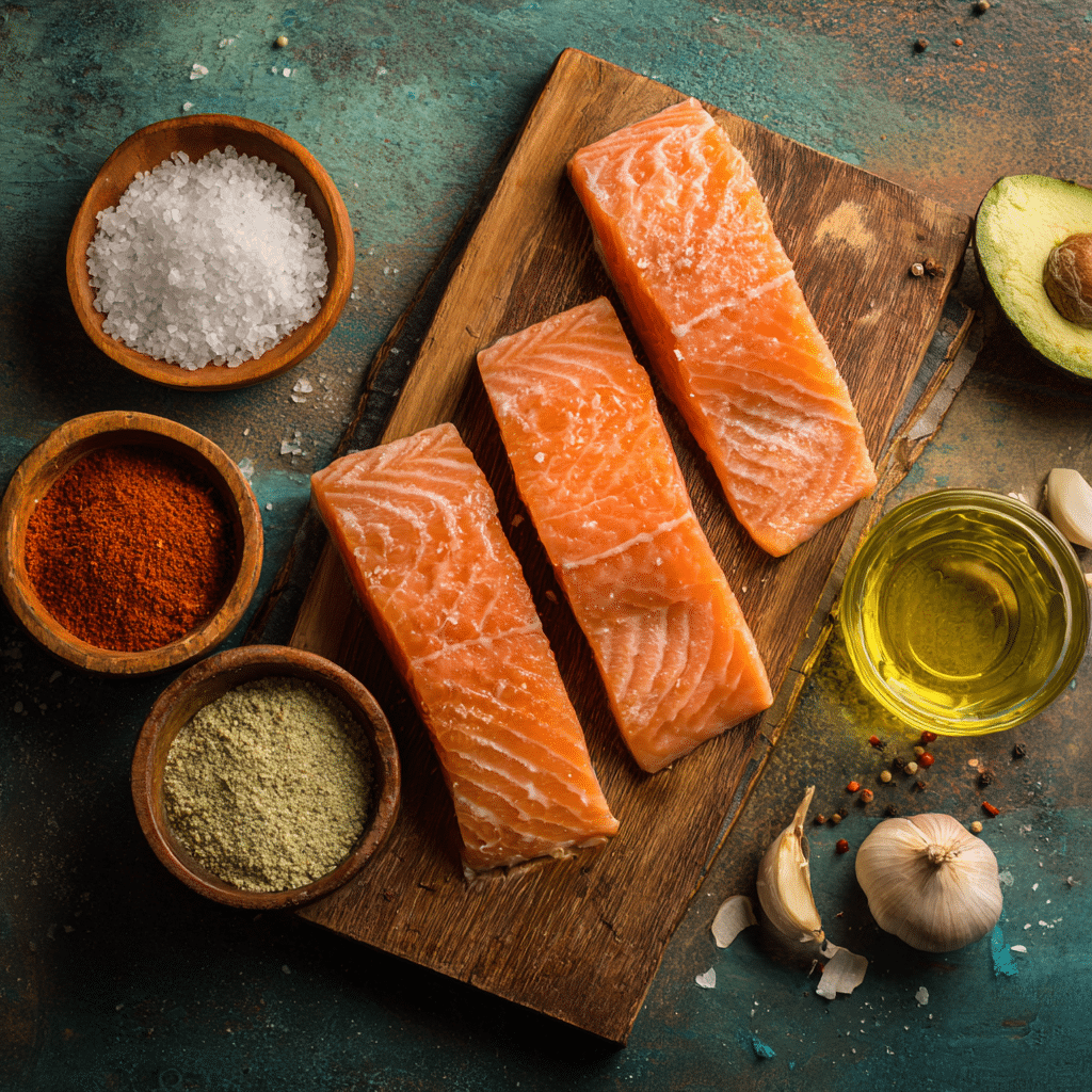 Air Fryer Grilled Crispy Salmon ingredients laid out on a rustic kitchen board