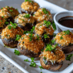 “Air Fryer Cheese Stuffed Mushrooms plated with golden tops, garnished and ready to serve as an appetizer”