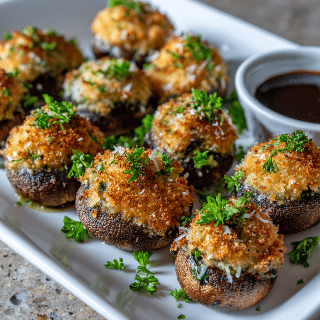 “Air Fryer Cheese Stuffed Mushrooms plated with golden tops, garnished and ready to serve as an appetizer”