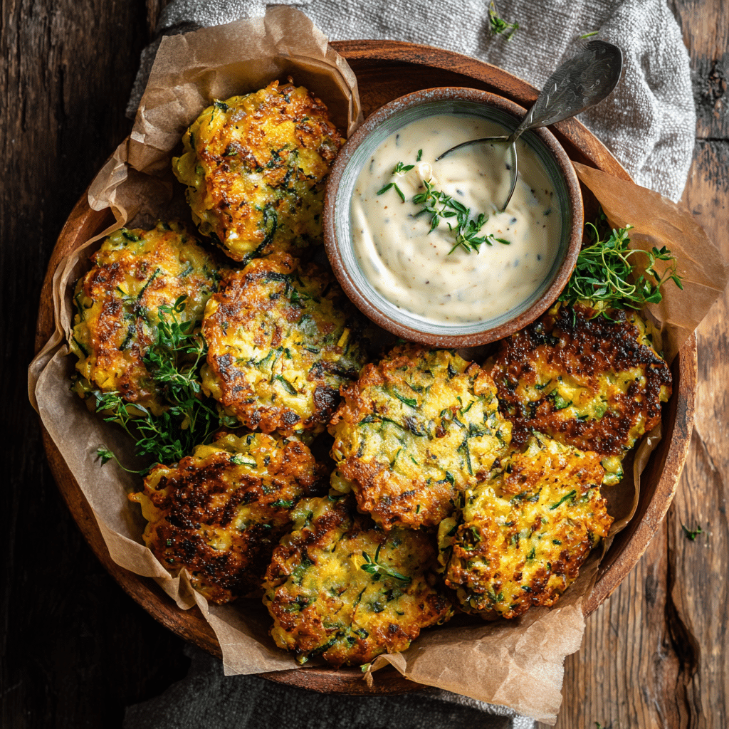 Crispy air fryer stuffed zucchini fritters garnished with fresh herbs, served with creamy dip on a wooden board