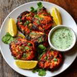 Plated Air Fryer Grilled Chicken Tikka garnished with herbs and lemon