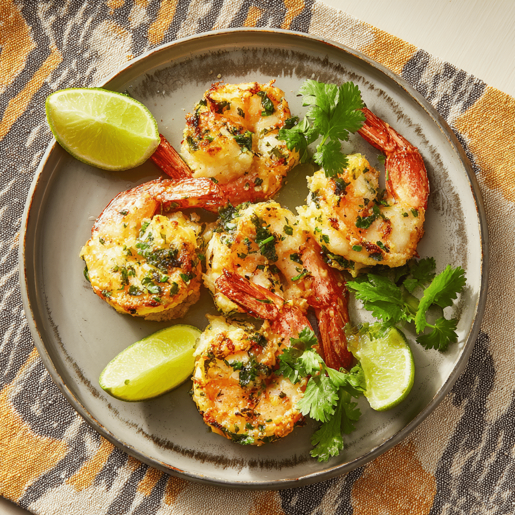Final plated Air Fryer Stuffed Lemon Butter Shrimp with herbs and citrus, ready to serve.