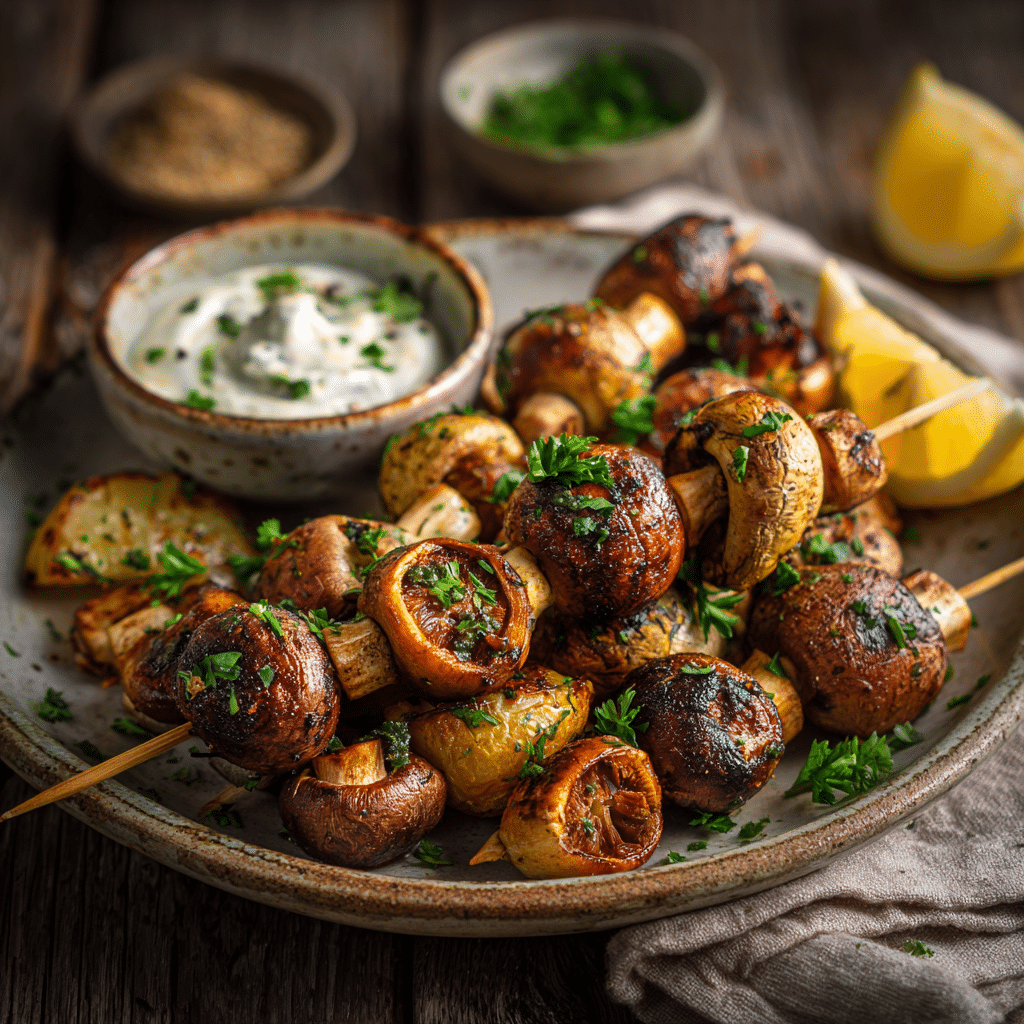 Plated Air Fryer Mushroom Skewers with fresh herbs and garlic dipping sauce, served on a rustic plate.