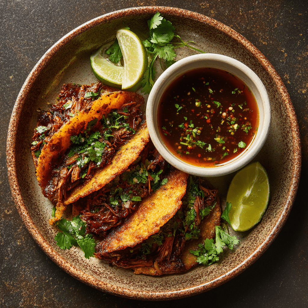 Golden crispy air fryer birria tacos with dipping sauce and lime wedges.