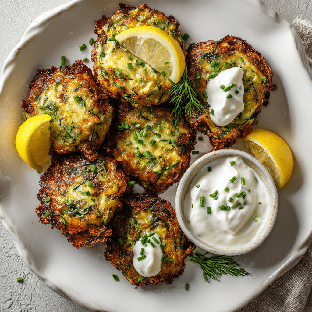 “Air Fryer Mini Zucchini Fritters served on a white plate with sour cream and chives”