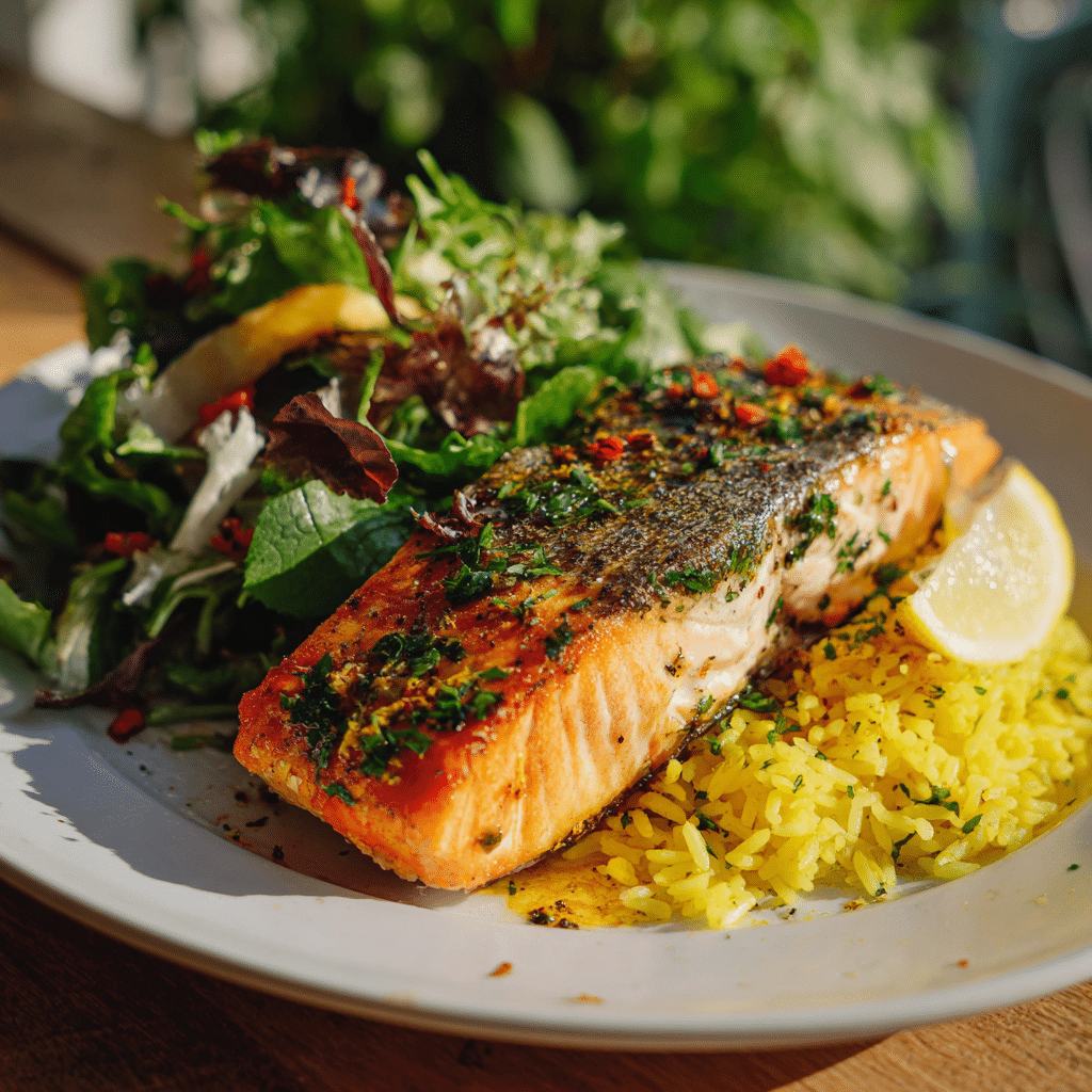 Plated Air Fryer Stuffed Crispy Salmon with rice and green salad on a white plate