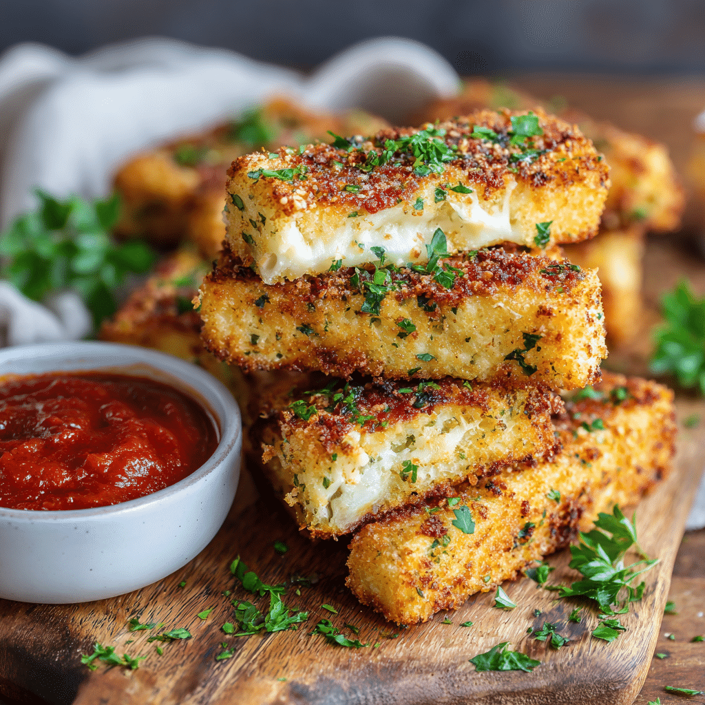 Golden air fryer pizza sticks served with marinara sauce and parsley garnish
