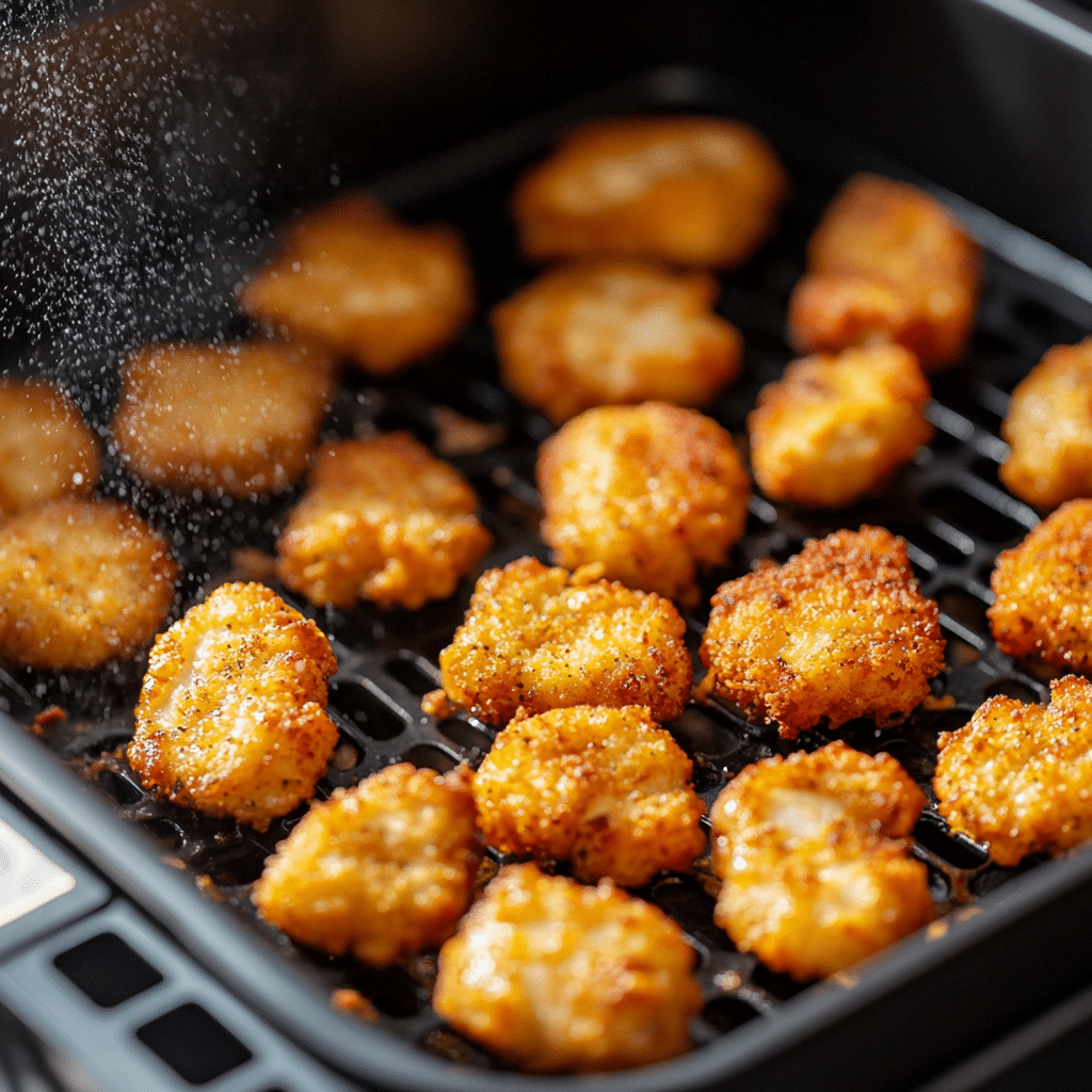 Crispy Air Fryer Mini Chicken Nuggets fresh from the air fryer basket