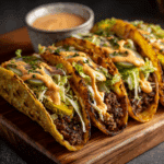 Plated Air Fryer Smash Burger Tacos topped with lettuce, pickles, and burger sauce, served on a rustic board with dipping sauce