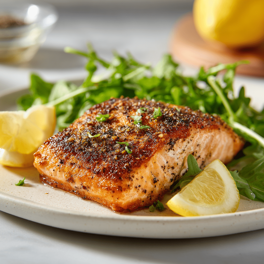 Air Fryer Grilled Crispy Salmon served with lemon and greens on a white plate