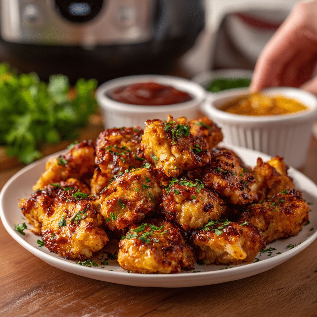Golden crispy Air Fryer Mini Spicy Chicken bites on a plate with dipping sauces and garnish