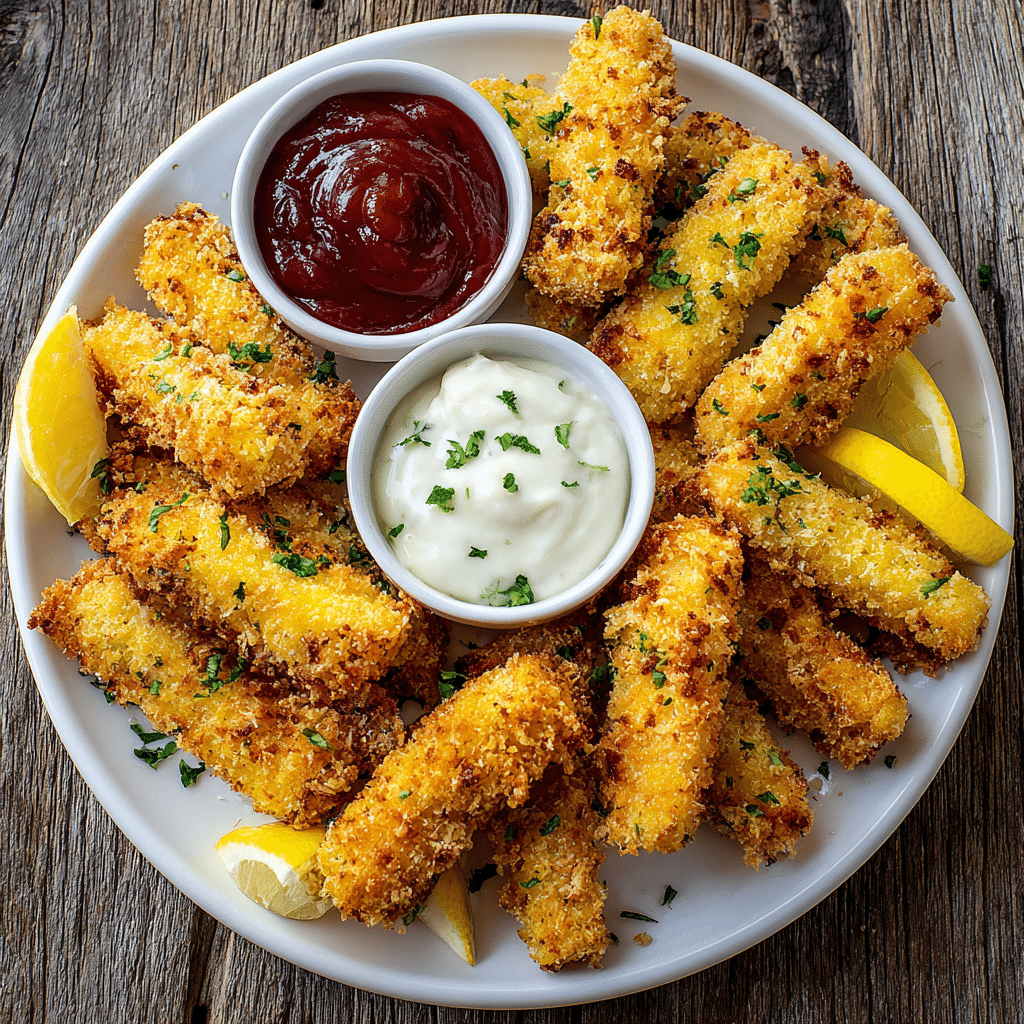 “Air Fryer Mini Fish Fingers plated with dipping sauces and lemon wedges.”