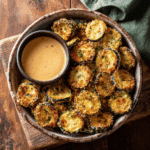 “Plated bowl of golden crispy Air Fryer Mini Zucchini Chips served with dipping sauce”