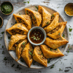 Air-Fried Lamb Keema Samosas served with chutneys and garnished with fresh herbs, presented on a rustic platter.