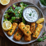 Plated Air Fryer Baked Fish Fingers served with tartar sauce, lemon wedges, and a fresh salad.