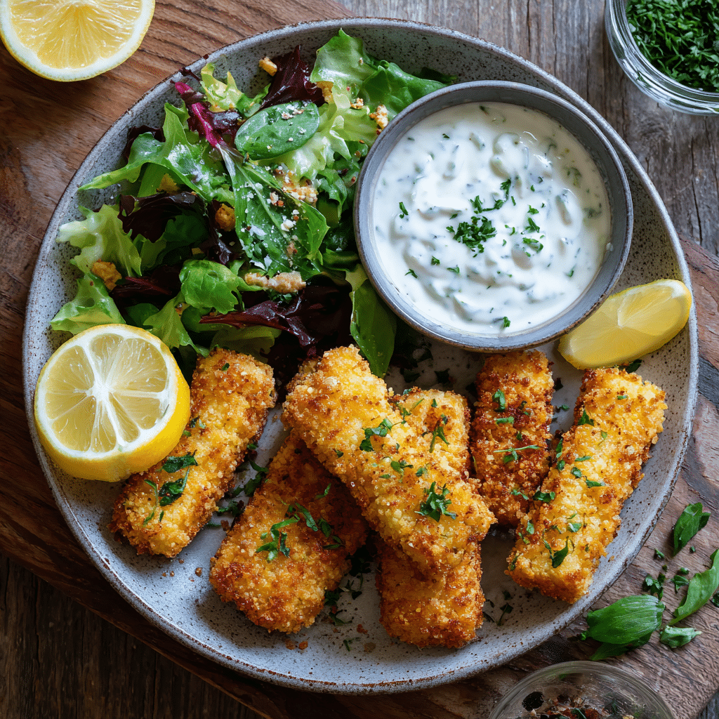 Plated Air Fryer Baked Fish Fingers served with tartar sauce, lemon wedges, and a fresh salad.