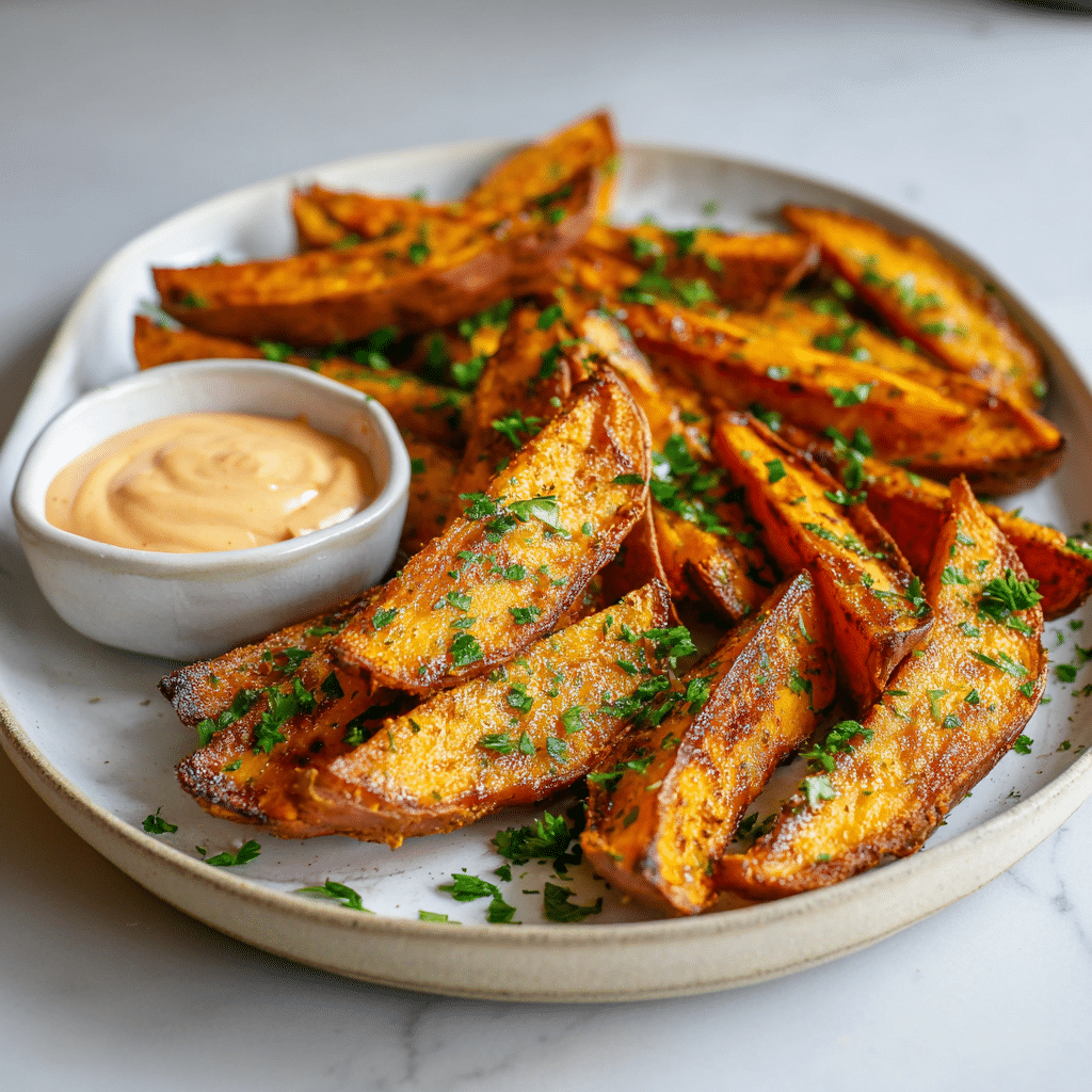 “Air fryer crispy sweet potato wedges served with aioli and fresh herbs on a white plate