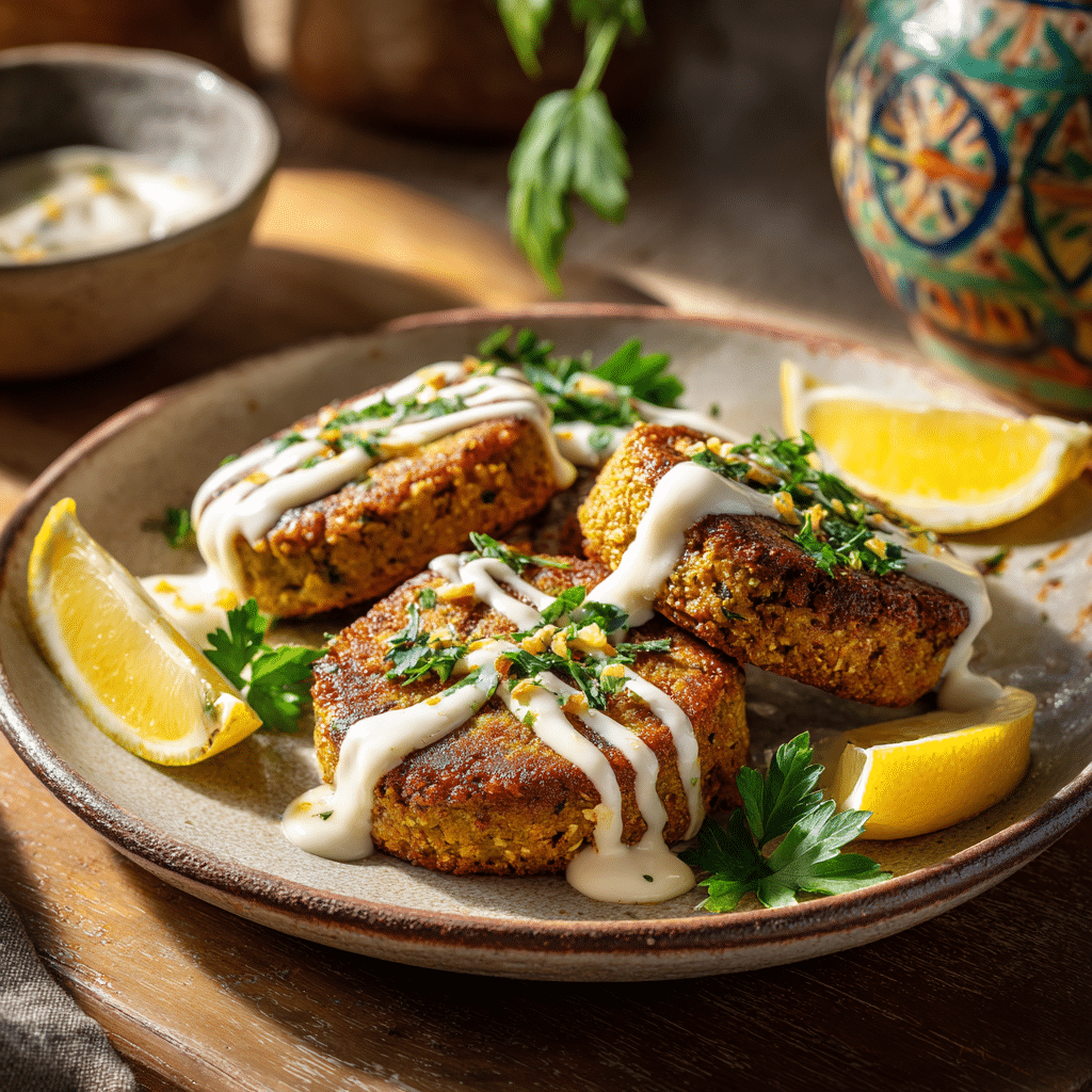 Air Fryer Crispy Chickpea Patties served with lemon garlic aioli and fresh parsley on a ceramic plate