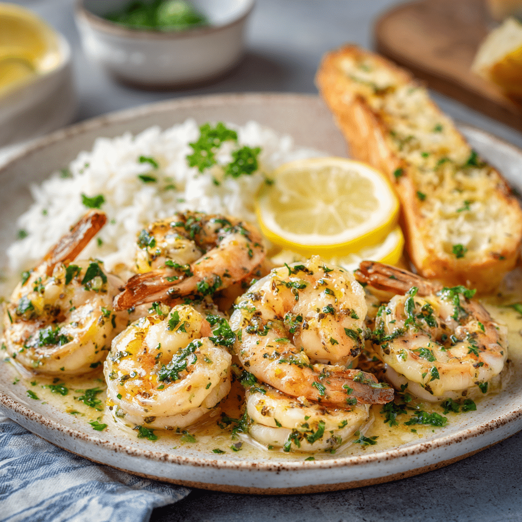 "Plated Air Fryer Garlic Lemon Butter Shrimp with parsley garnish and lemon wedges served with jasmine rice"